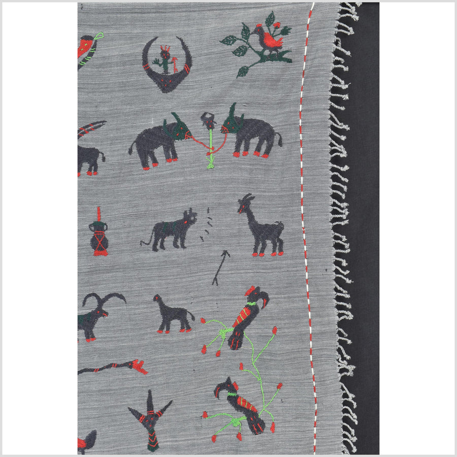 Pewter gray cotton story quilt Naga tribal textile ethnic embroidered boho fabric Burma hill tribe tapestry Thailand India Hmong II254