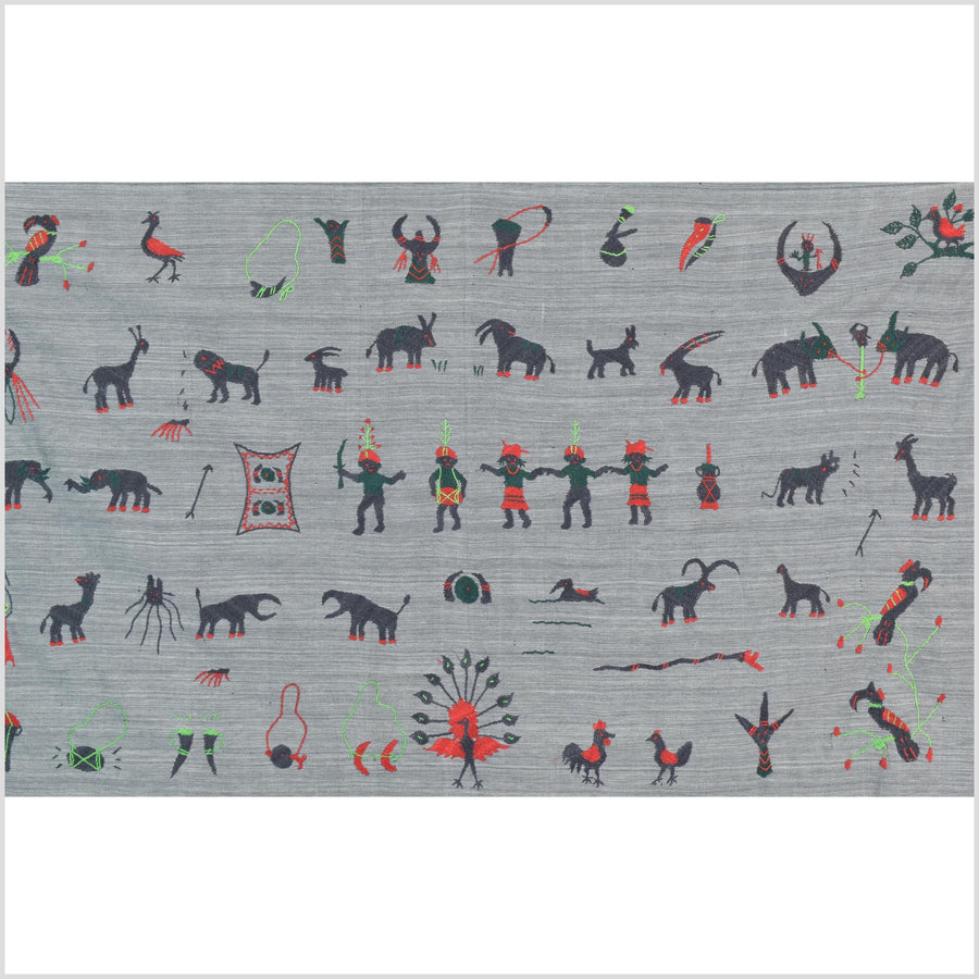 Pewter gray cotton story quilt Naga tribal textile ethnic embroidered boho fabric Burma hill tribe tapestry Thailand India Hmong II254