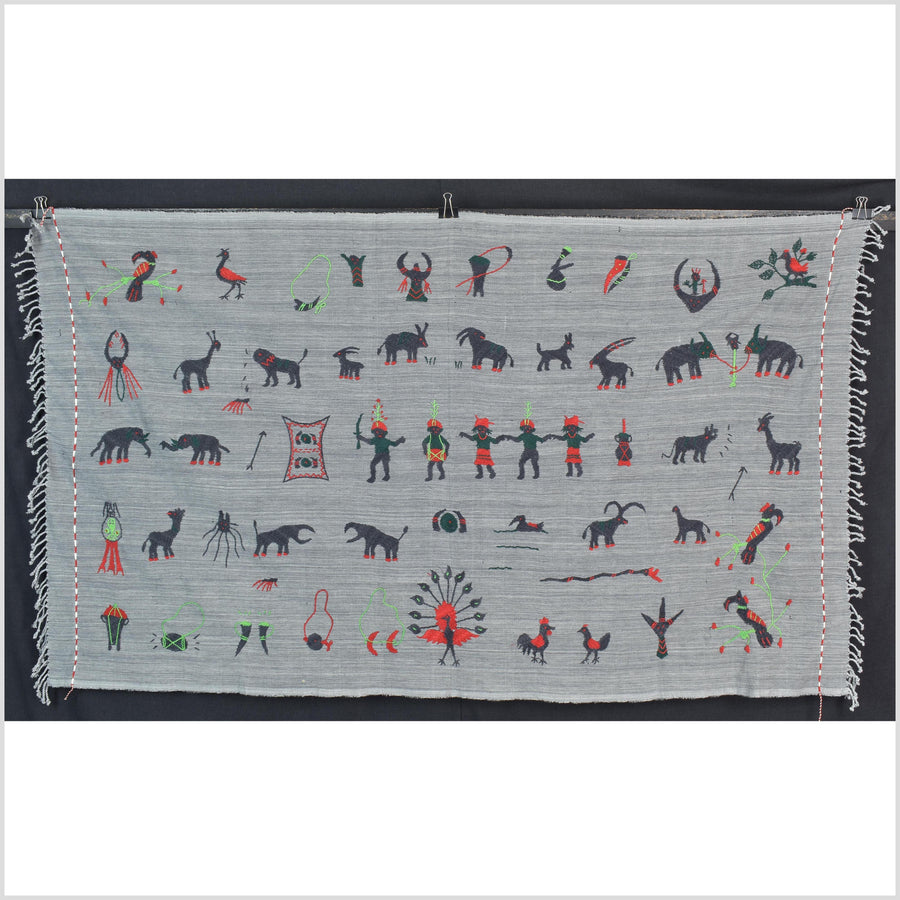 Pewter gray cotton story quilt Naga tribal textile ethnic embroidered boho fabric Burma hill tribe tapestry Thailand India Hmong II254