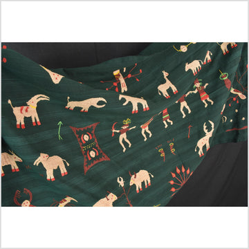 Dark emerald green cotton story quilt Naga tribal textile ethnic embroidered boho fabric Burma hill tribe tapestry Thai India Hmong II255