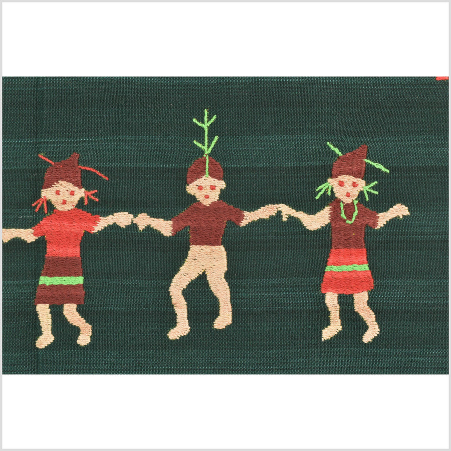 Dark emerald green cotton story quilt Naga tribal textile ethnic embroidered boho fabric Burma hill tribe tapestry Thai India Hmong II255