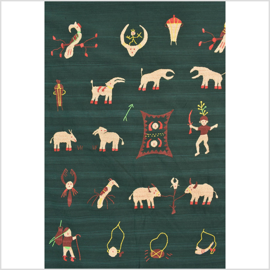Dark emerald green cotton story quilt Naga tribal textile ethnic embroidered boho fabric Burma hill tribe tapestry Thai India Hmong II255
