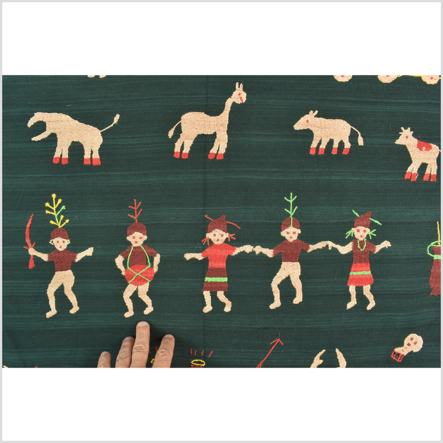 Dark emerald green cotton story quilt Naga tribal textile ethnic embroidered boho fabric Burma hill tribe tapestry Thai India Hmong II255