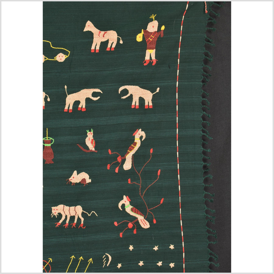Dark emerald green cotton story quilt Naga tribal textile ethnic embroidered boho fabric Burma hill tribe tapestry Thai India Hmong II255