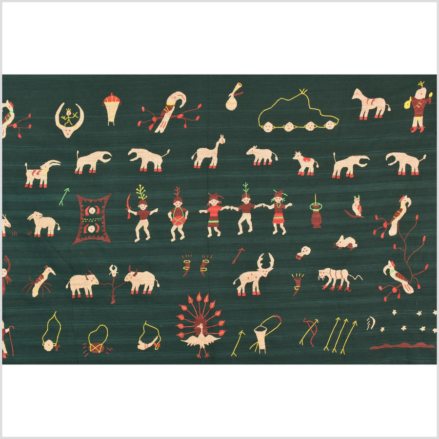 Dark emerald green cotton story quilt Naga tribal textile ethnic embroidered boho fabric Burma hill tribe tapestry Thai India Hmong II255