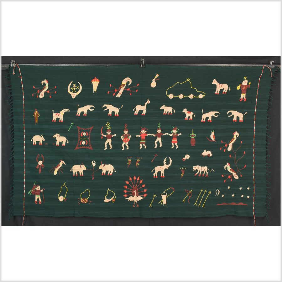 Dark emerald green cotton story quilt Naga tribal textile ethnic embroidered boho fabric Burma hill tribe tapestry Thai India Hmong II255