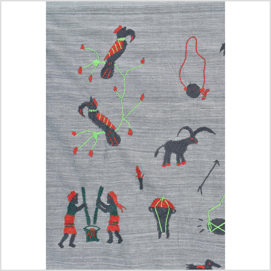 Pewter gray cotton story quilt Naga tribal textile ethnic embroidered boho fabric Burma hill tribe tapestry Thailand India Hmong II256