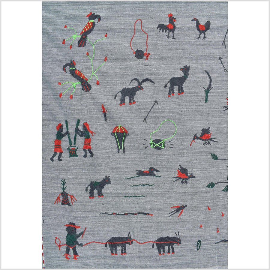 Pewter gray cotton story quilt Naga tribal textile ethnic embroidered boho fabric Burma hill tribe tapestry Thailand India Hmong II256