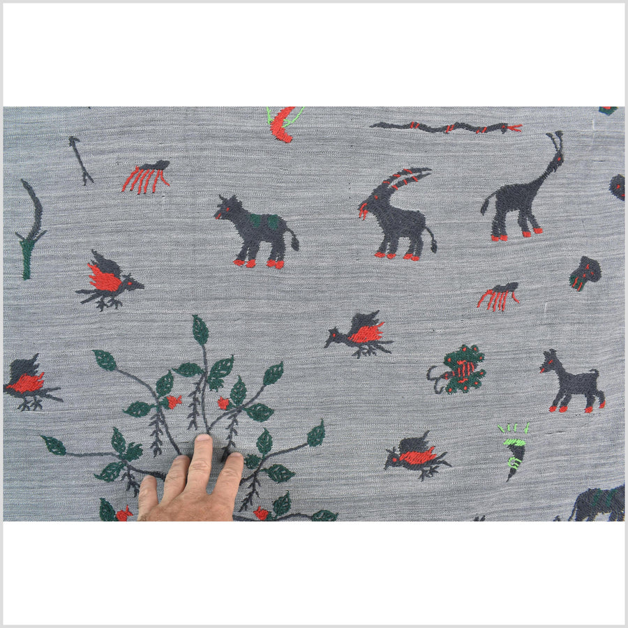 Pewter gray cotton story quilt Naga tribal textile ethnic embroidered boho fabric Burma hill tribe tapestry Thailand India Hmong II256