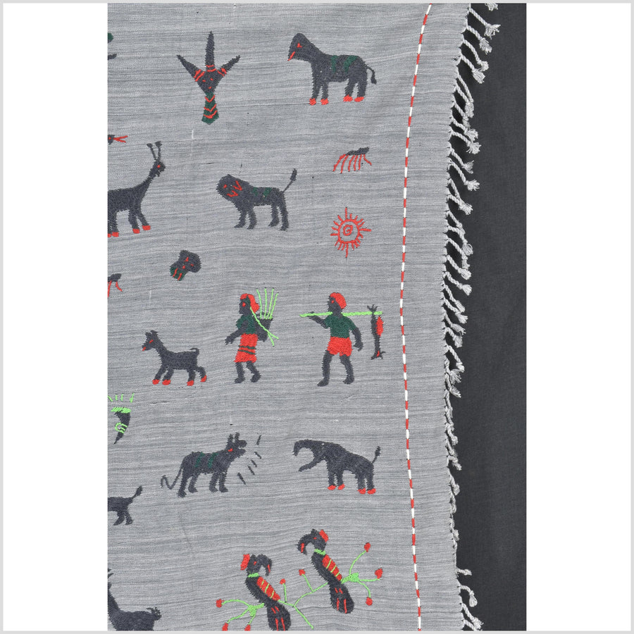 Pewter gray cotton story quilt Naga tribal textile ethnic embroidered boho fabric Burma hill tribe tapestry Thailand India Hmong II256