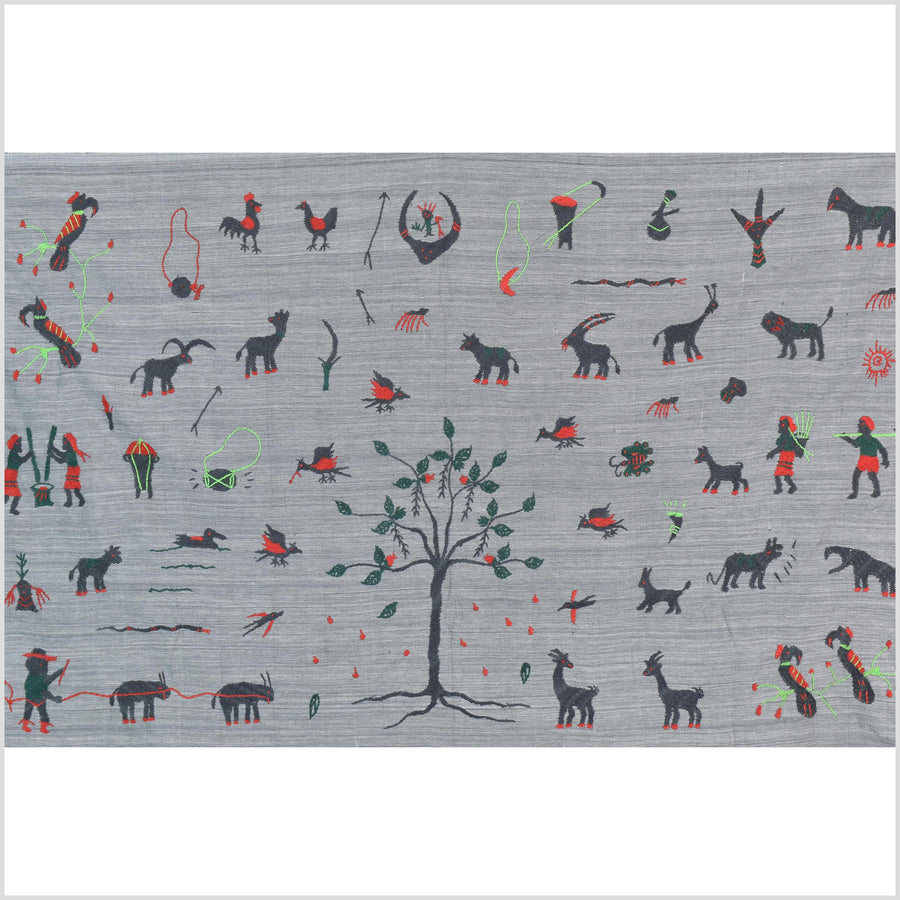 Pewter gray cotton story quilt Naga tribal textile ethnic embroidered boho fabric Burma hill tribe tapestry Thailand India Hmong II256
