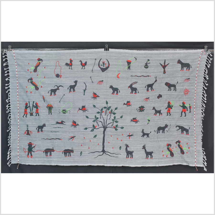 Pewter gray cotton story quilt Naga tribal textile ethnic embroidered boho fabric Burma hill tribe tapestry Thailand India Hmong II256