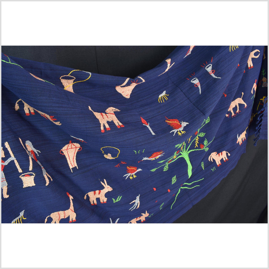 Cobalt blue cotton story quilt Naga tribal textile ethnic embroidered boho fabric Burma hill tribe tapestry Thailand India Hmong II257
