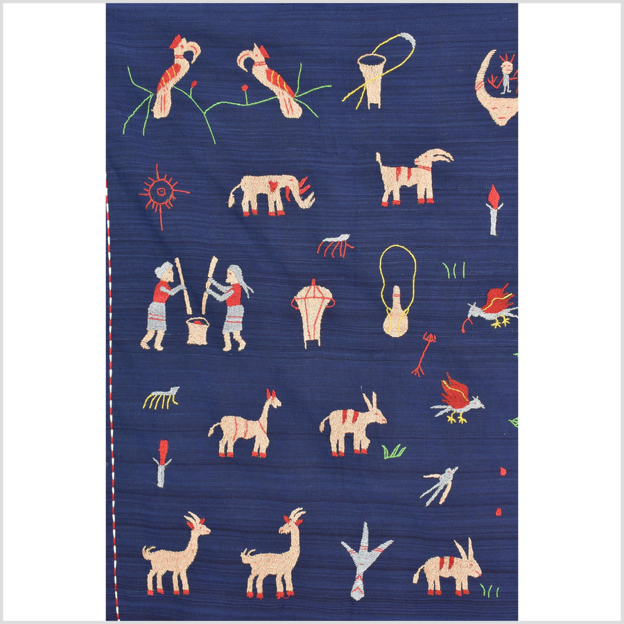 Cobalt blue cotton story quilt Naga tribal textile ethnic embroidered boho fabric Burma hill tribe tapestry Thailand India Hmong II257