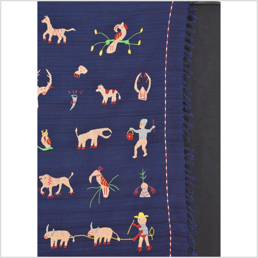 Cobalt blue cotton story quilt Naga tribal textile ethnic embroidered boho fabric Burma hill tribe tapestry Thailand India Hmong II257