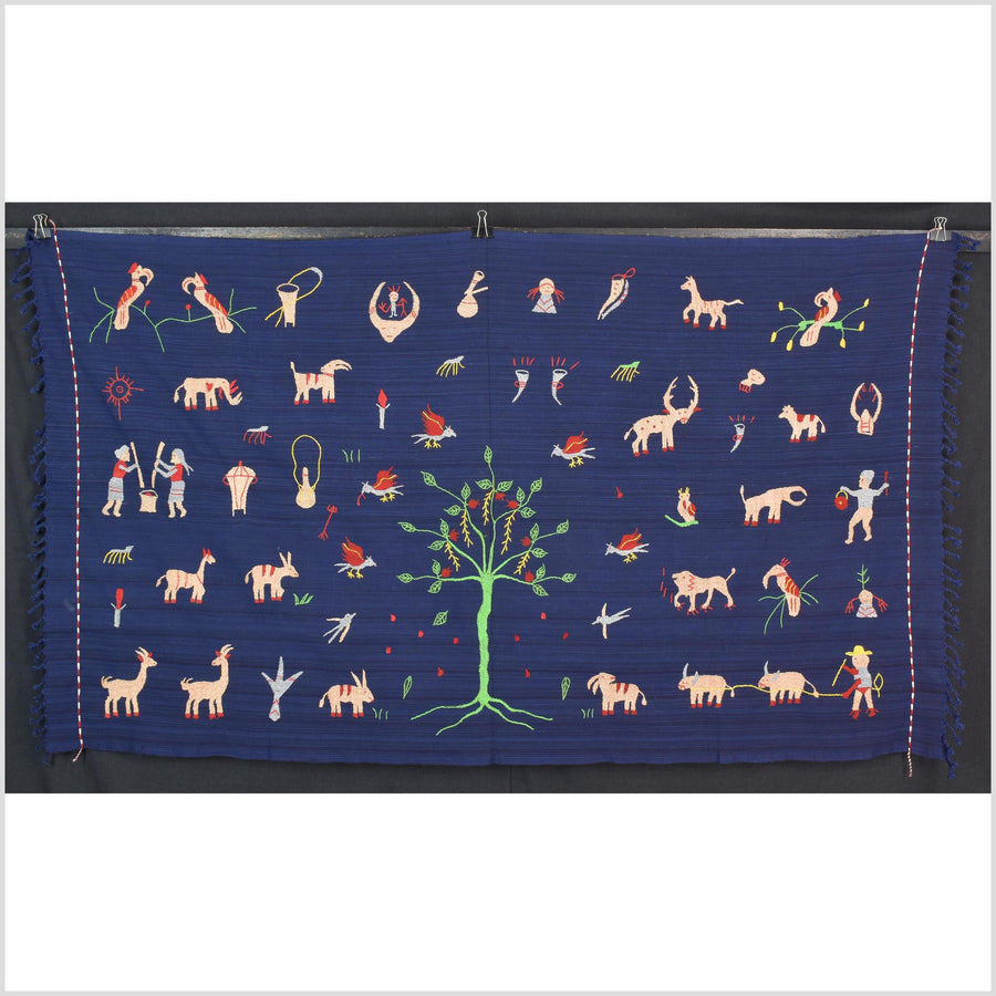 Cobalt blue cotton story quilt Naga tribal textile ethnic embroidered boho fabric Burma hill tribe tapestry Thailand India Hmong II257