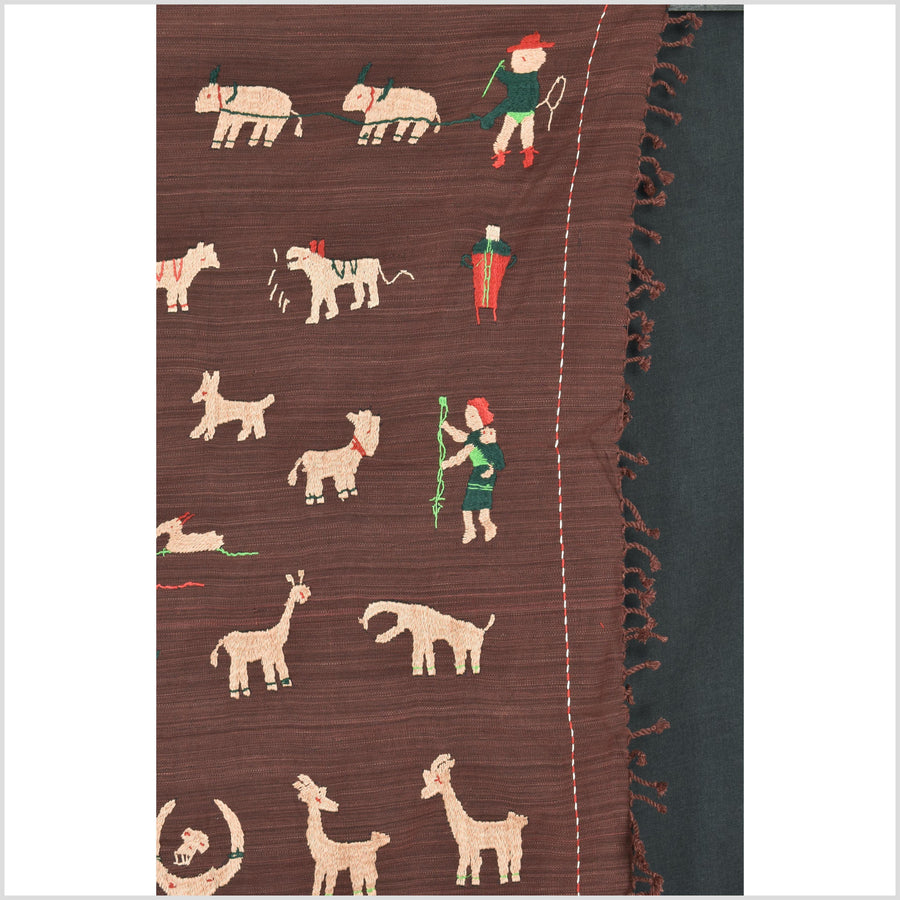 Chocolate brown cotton story quilt Naga tribal textile ethnic embroidered boho fabric Burma hill tribe tapestry Thailand India Hmong II258