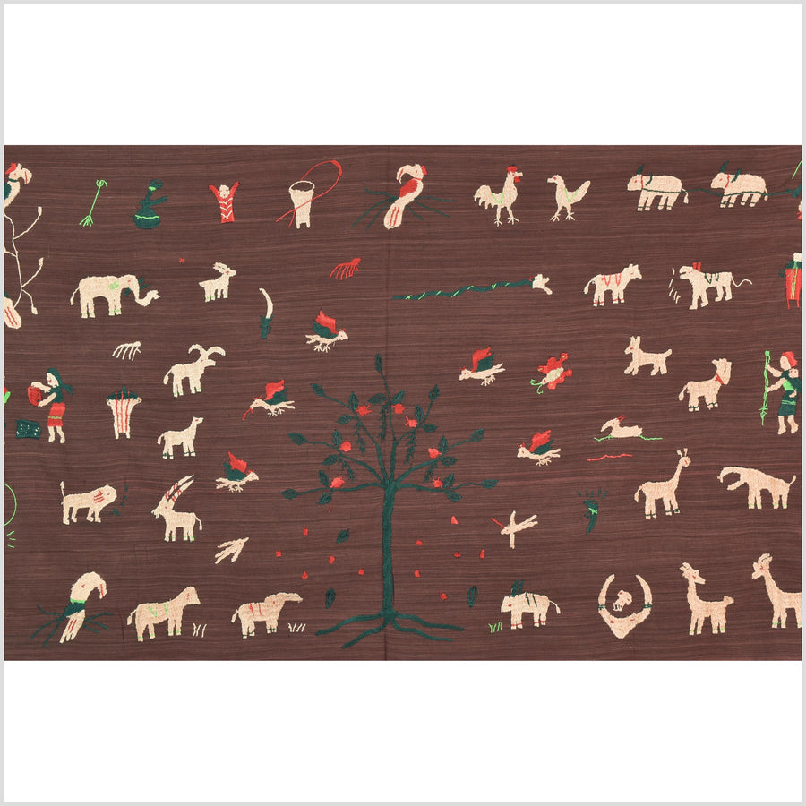 Chocolate brown cotton story quilt Naga tribal textile ethnic embroidered boho fabric Burma hill tribe tapestry Thailand India Hmong II258