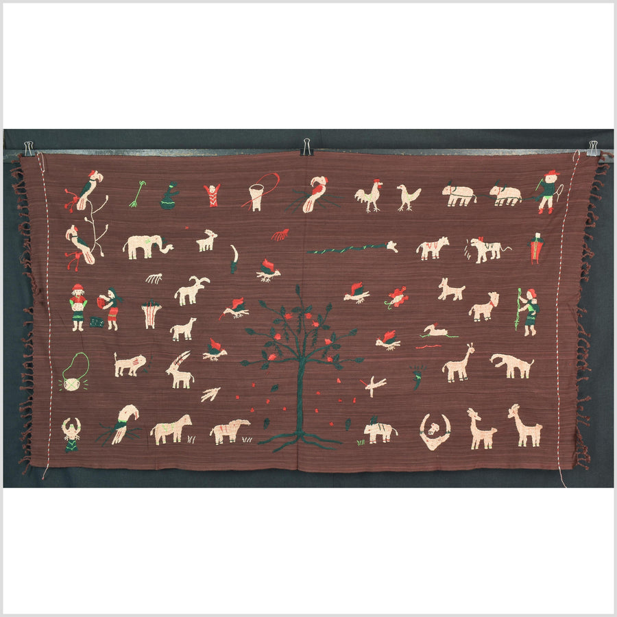 Chocolate brown cotton story quilt Naga tribal textile ethnic embroidered boho fabric Burma hill tribe tapestry Thailand India Hmong II258
