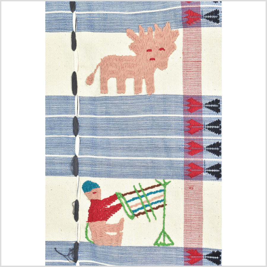 Unusual cream blue grid style cotton story quilt Naga tribal textile ethnic embroidered boho fabric Burma hill tribe tapestry Thailand India Hmong II259