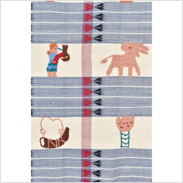Unusual cream blue grid style cotton story quilt Naga tribal textile ethnic embroidered boho fabric Burma hill tribe tapestry Thailand India Hmong II259