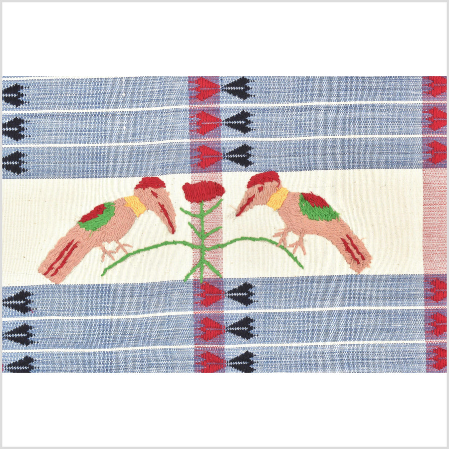 Unusual cream blue grid style cotton story quilt Naga tribal textile ethnic embroidered boho fabric Burma hill tribe tapestry Thailand India Hmong II259