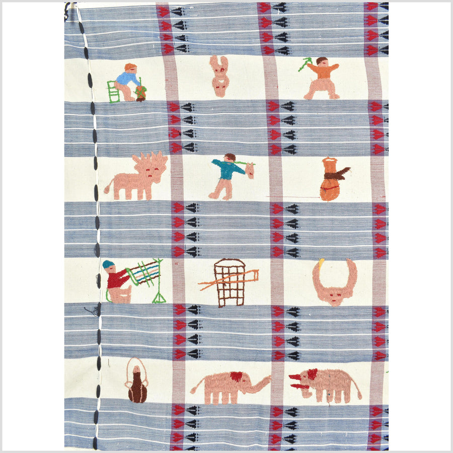 Unusual cream blue grid style cotton story quilt Naga tribal textile ethnic embroidered boho fabric Burma hill tribe tapestry Thailand India Hmong II259