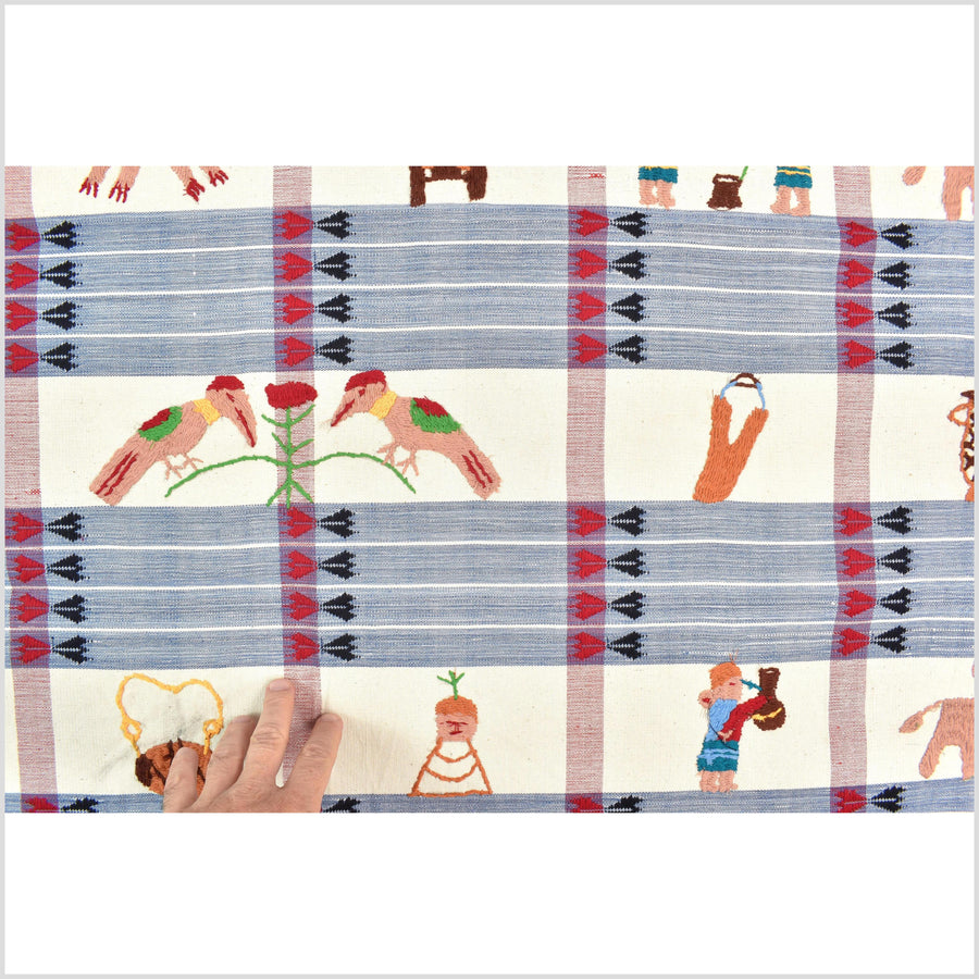 Unusual cream blue grid style cotton story quilt Naga tribal textile ethnic embroidered boho fabric Burma hill tribe tapestry Thailand India Hmong II259