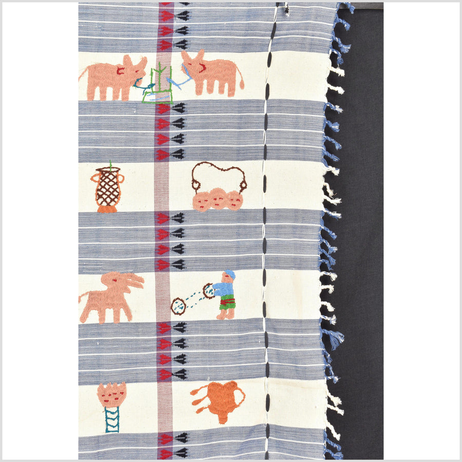 Unusual cream blue grid style cotton story quilt Naga tribal textile ethnic embroidered boho fabric Burma hill tribe tapestry Thailand India Hmong II259