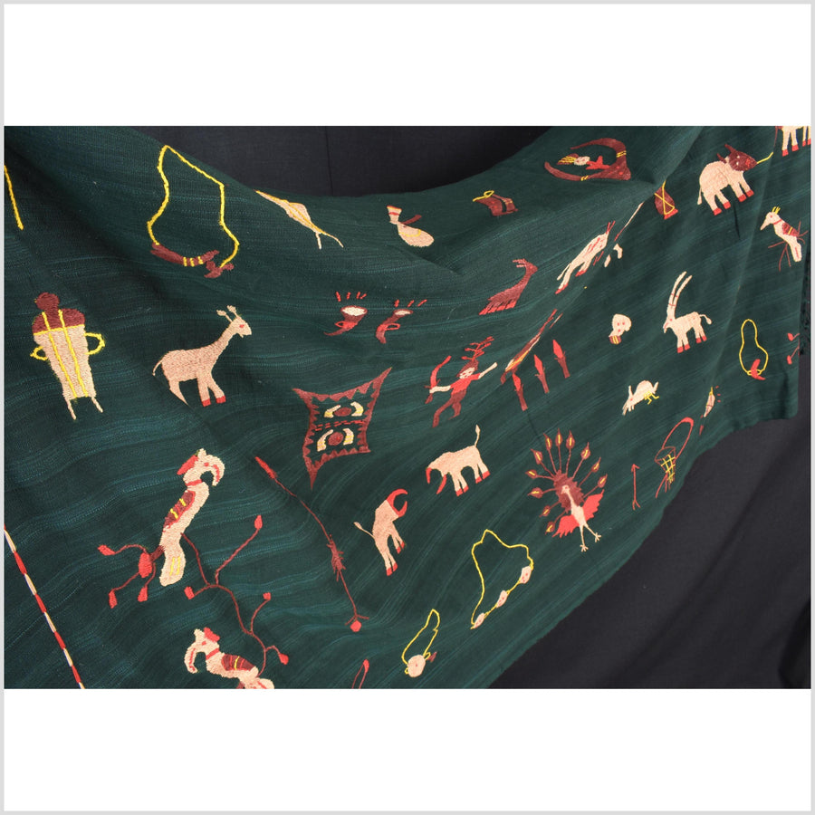 Dark emerald green cotton story quilt Naga tribal textile ethnic embroidered boho fabric Burma hill tribe tapestry Thai India Hmong II260