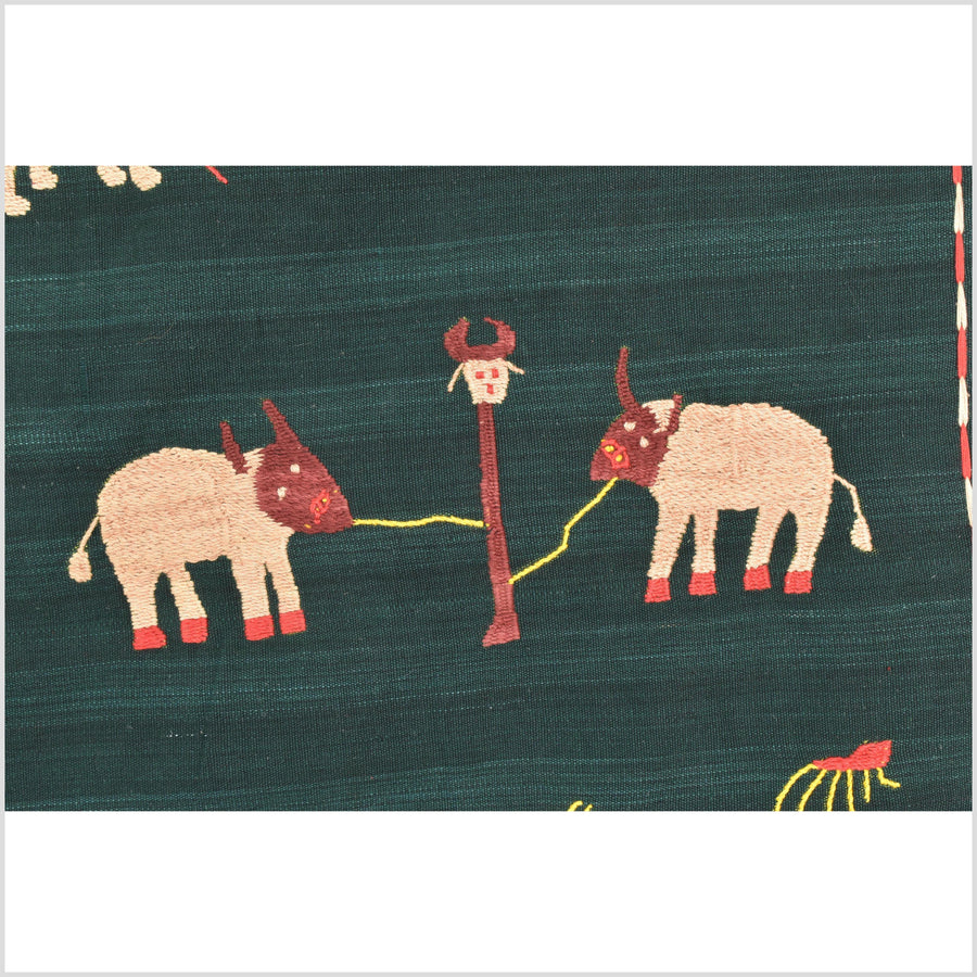 Dark emerald green cotton story quilt Naga tribal textile ethnic embroidered boho fabric Burma hill tribe tapestry Thai India Hmong II260