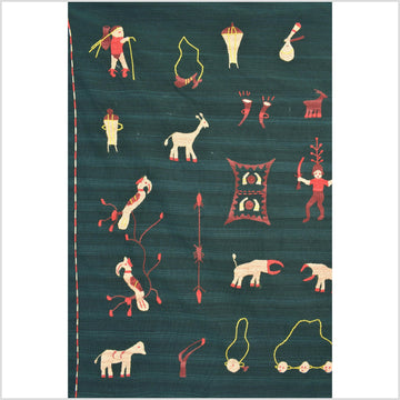 Dark emerald green cotton story quilt Naga tribal textile ethnic embroidered boho fabric Burma hill tribe tapestry Thai India Hmong II260