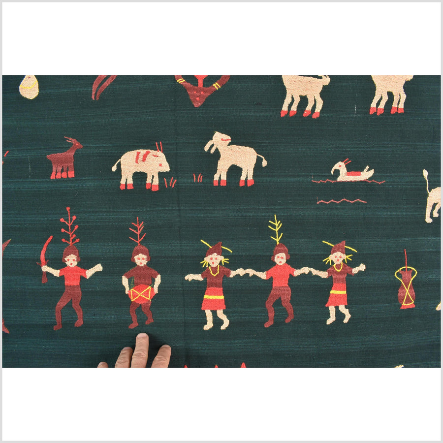 Dark emerald green cotton story quilt Naga tribal textile ethnic embroidered boho fabric Burma hill tribe tapestry Thai India Hmong II260