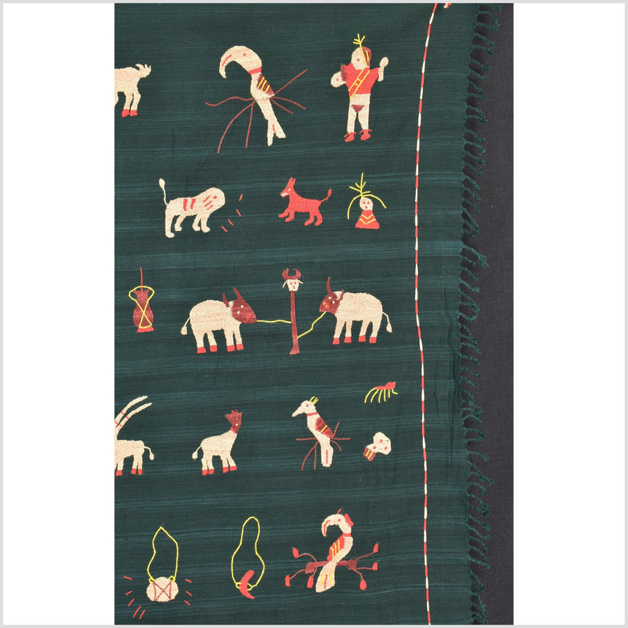 Dark emerald green cotton story quilt Naga tribal textile ethnic embroidered boho fabric Burma hill tribe tapestry Thai India Hmong II260