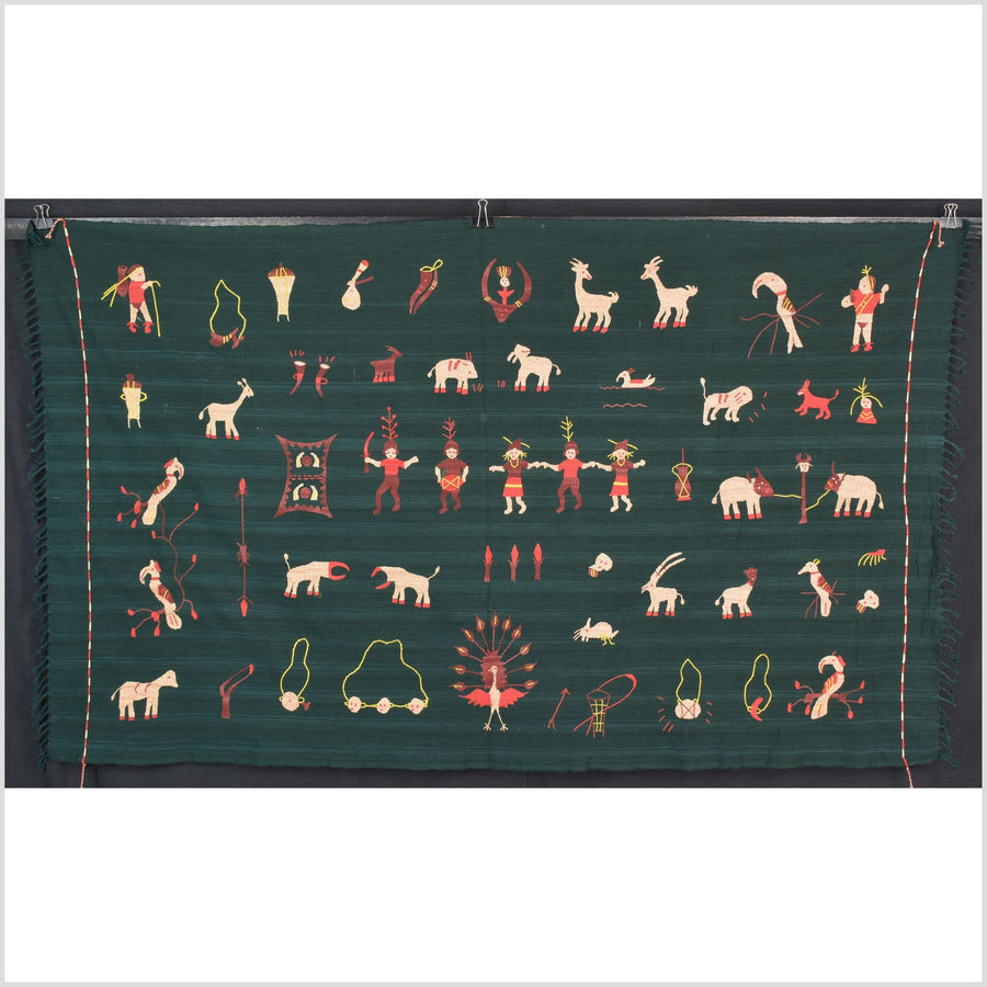 Dark emerald green cotton story quilt Naga tribal textile ethnic embroidered boho fabric Burma hill tribe tapestry Thai India Hmong II260