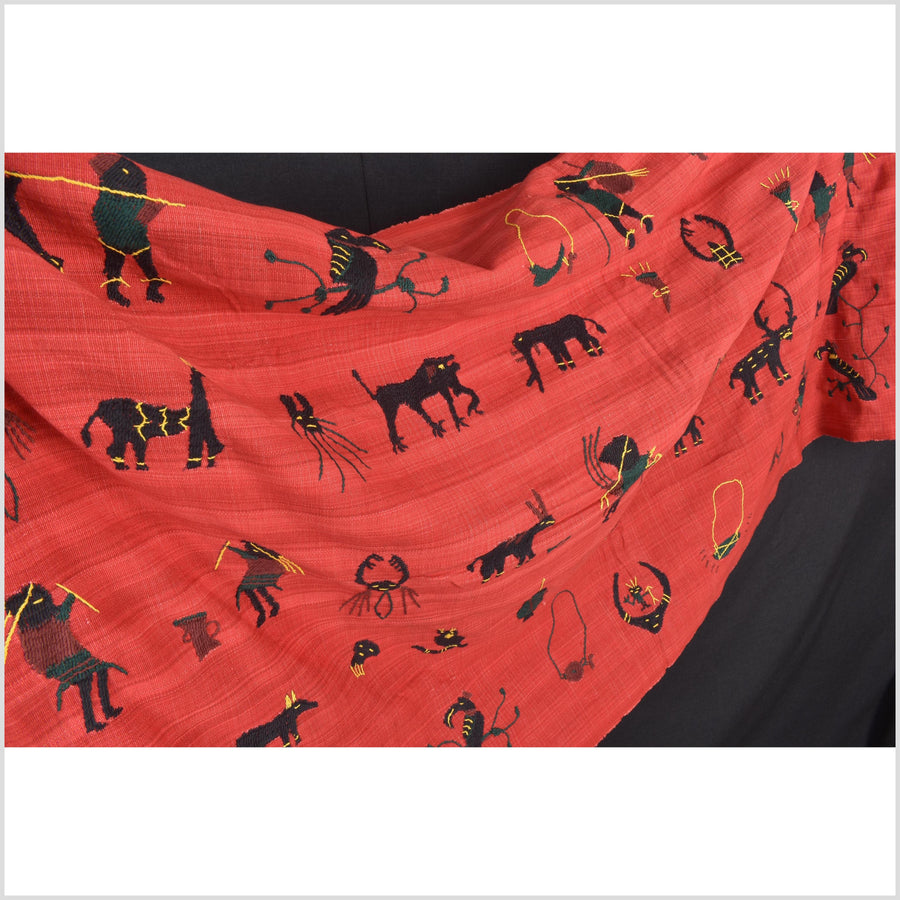 Crimson red cotton story quilt Naga tribal textile ethnic embroidered boho fabric Burma hill tribe tapestry Thai India Hmong II261