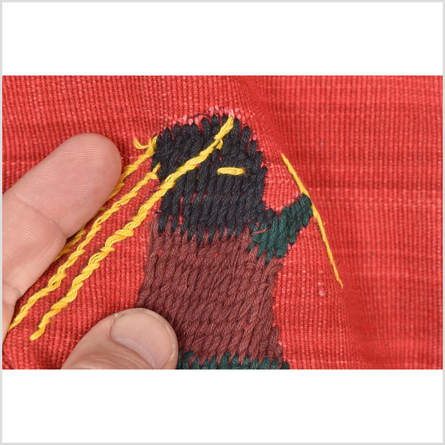 Crimson red cotton story quilt Naga tribal textile ethnic embroidered boho fabric Burma hill tribe tapestry Thai India Hmong II261