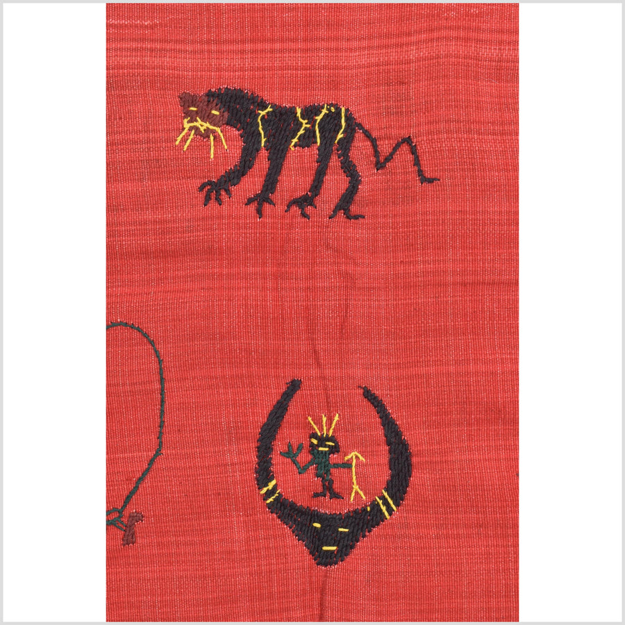 Crimson red cotton story quilt Naga tribal textile ethnic embroidered boho fabric Burma hill tribe tapestry Thai India Hmong II261