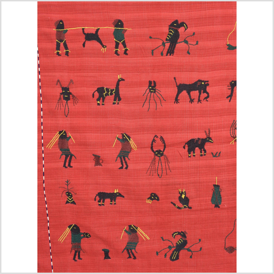 Crimson red cotton story quilt Naga tribal textile ethnic embroidered boho fabric Burma hill tribe tapestry Thai India Hmong II261
