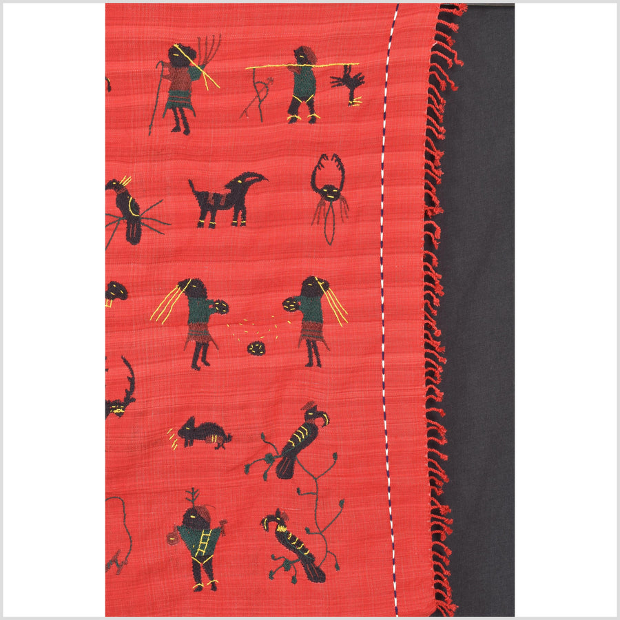 Crimson red cotton story quilt Naga tribal textile ethnic embroidered boho fabric Burma hill tribe tapestry Thai India Hmong II261