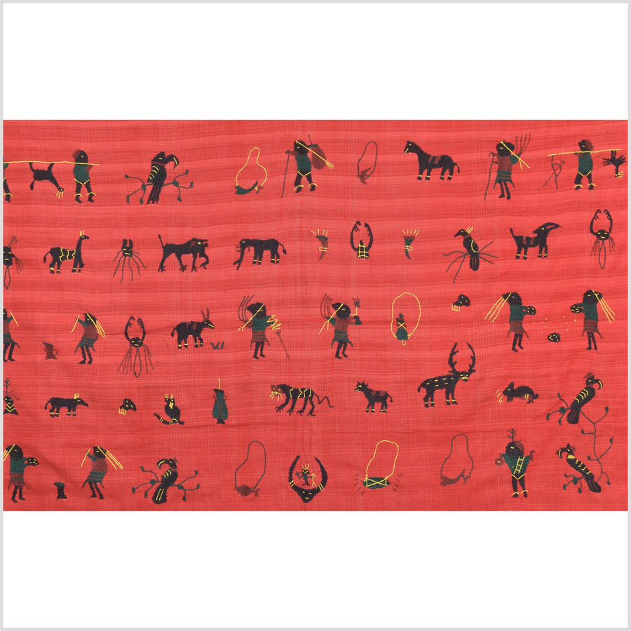 Crimson red cotton story quilt Naga tribal textile ethnic embroidered boho fabric Burma hill tribe tapestry Thai India Hmong II261