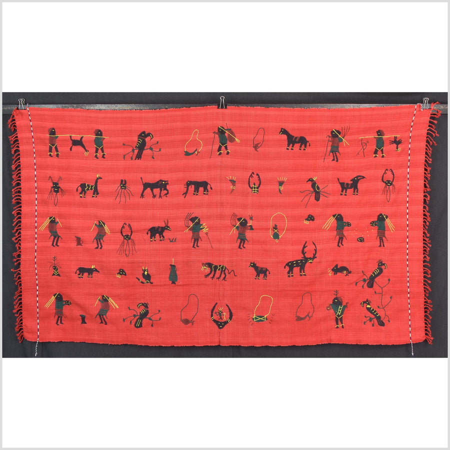 Crimson red cotton story quilt Naga tribal textile ethnic embroidered boho fabric Burma hill tribe tapestry Thai India Hmong II261