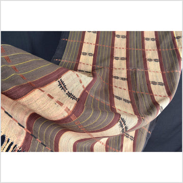 Vintage tribal home decor ethnic Naga blanket, beige, gray, indigo, black, plum, handwoven cotton throw boho Thailand Burma India tapestry II57