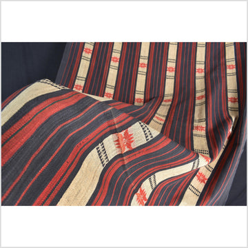 Vintage big tribal home decor ethnic Naga blanket, geometric stripe, red, beige, indigo, handwoven cotton throw boho Thailand Burma India tapestry II58