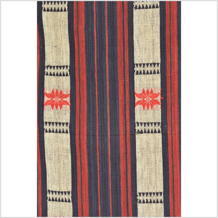 Vintage big tribal home decor ethnic Naga blanket, geometric stripe, red, beige, indigo, handwoven cotton throw boho Thailand Burma India tapestry II58