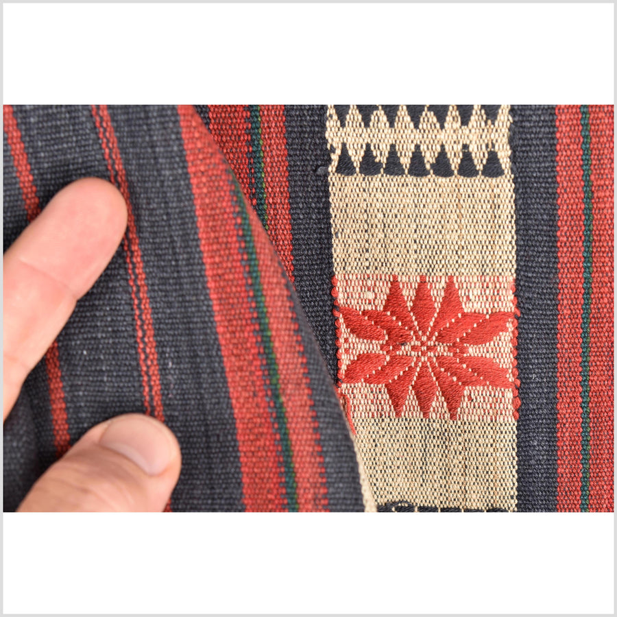 Vintage big tribal home decor ethnic Naga blanket, geometric stripe, red, beige, indigo, handwoven cotton throw boho Thailand Burma India tapestry II58