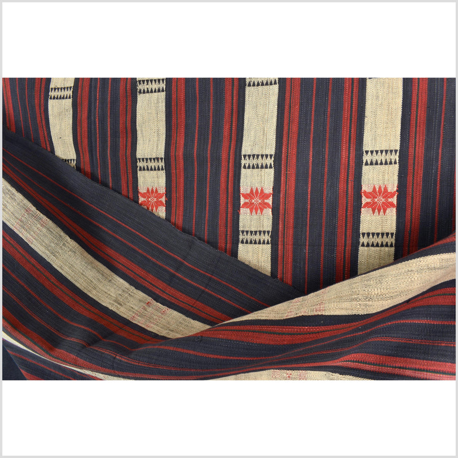 Vintage big tribal home decor ethnic Naga blanket, geometric stripe, red, beige, indigo, handwoven cotton throw boho Thailand Burma India tapestry II58