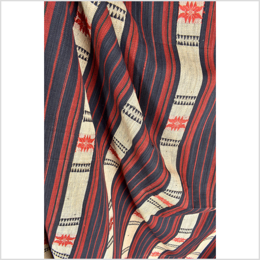 Vintage big tribal home decor ethnic Naga blanket, geometric stripe, red, beige, indigo, handwoven cotton throw boho Thailand Burma India tapestry II58