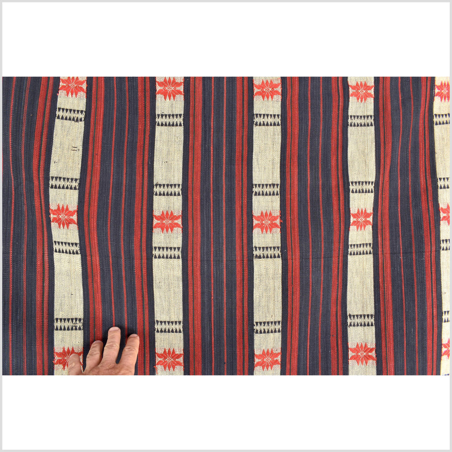 Vintage big tribal home decor ethnic Naga blanket, geometric stripe, red, beige, indigo, handwoven cotton throw boho Thailand Burma India tapestry II58