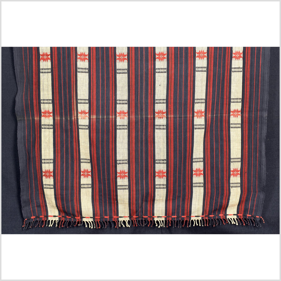 Vintage big tribal home decor ethnic Naga blanket, geometric stripe, red, beige, indigo, handwoven cotton throw boho Thailand Burma India tapestry II58